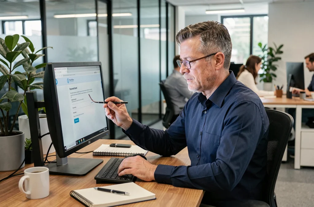 Homme en entreprise consultant un email de réinitialisation de mot de passe sur son ordinateur de bureau