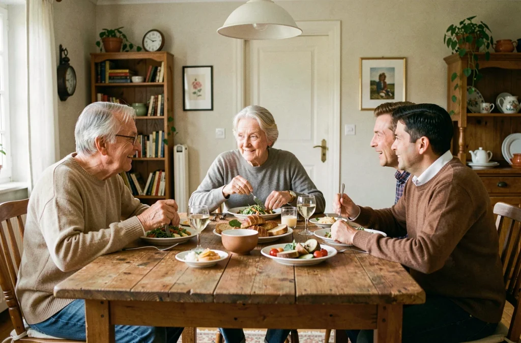 Repas de famille réunissant trois adultes de générations différentes autour d'une table en bois dans une maison française