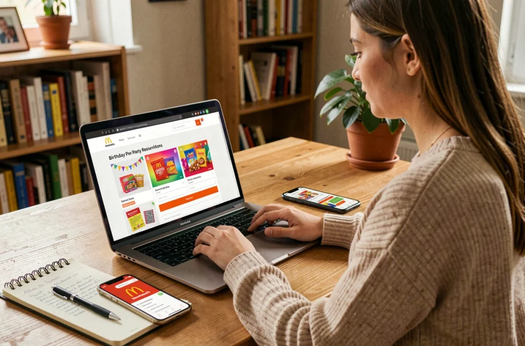 Jeune femme réservant en ligne une formule d'anniversaire McDonald's sur son ordinateur portable depuis chez elle