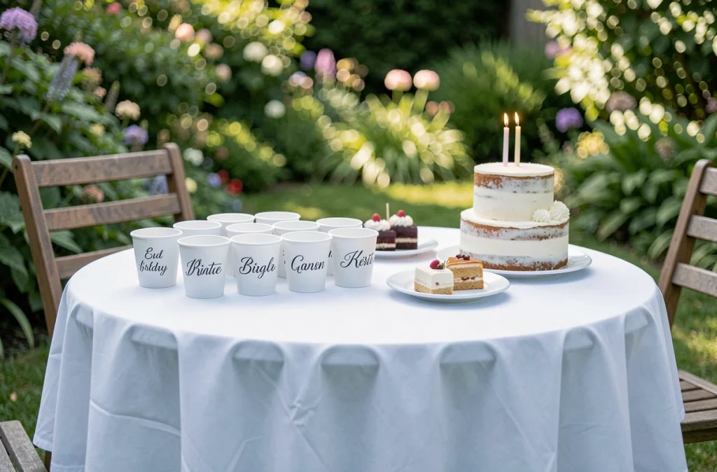 Table de petit anniversaire en plein air avec gobelets personnalisés aux prénoms des invités dans un jardin