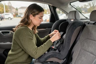 Mère vérifiant les sangles d'un siège auto bébé mal installé dans un SUV familial