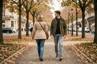 Une femme adulte et un jeune adulte se promenant de dos dans un parc parisien en automne, illustrant la vie de famille en milieu public
