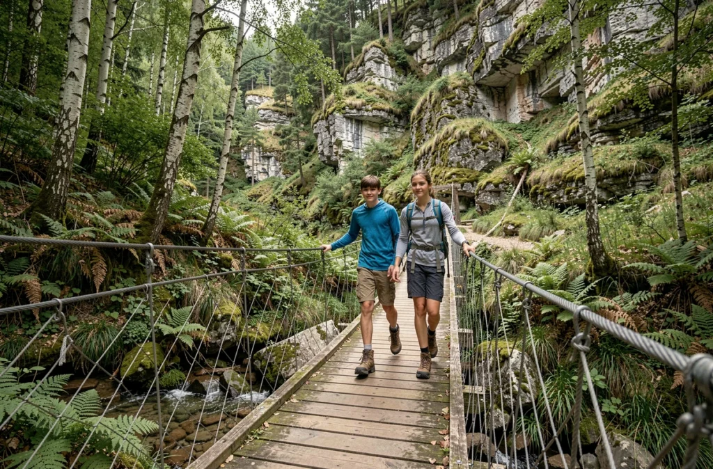 Adolescents traversant un pont suspendu en forêt lors d'une colonie sport et nature Action Séjours