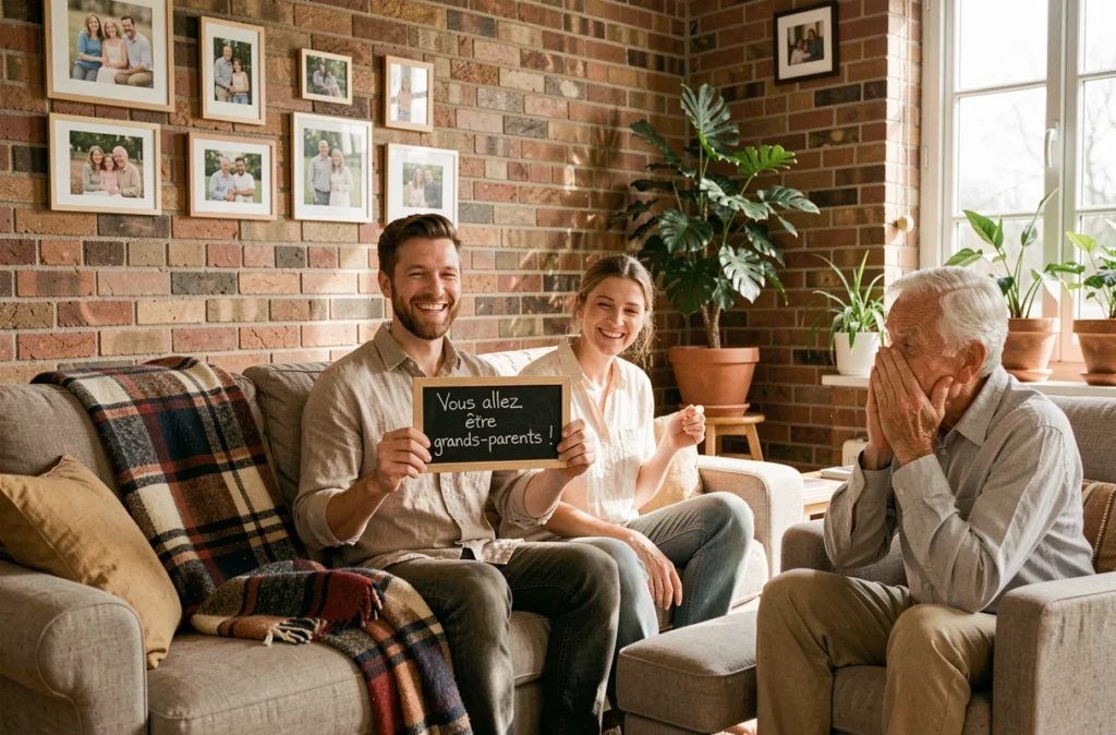 Couple tenant une ardoise d'annonce de grossesse face aux futurs grands-parents surpris dans un salon chaleureux