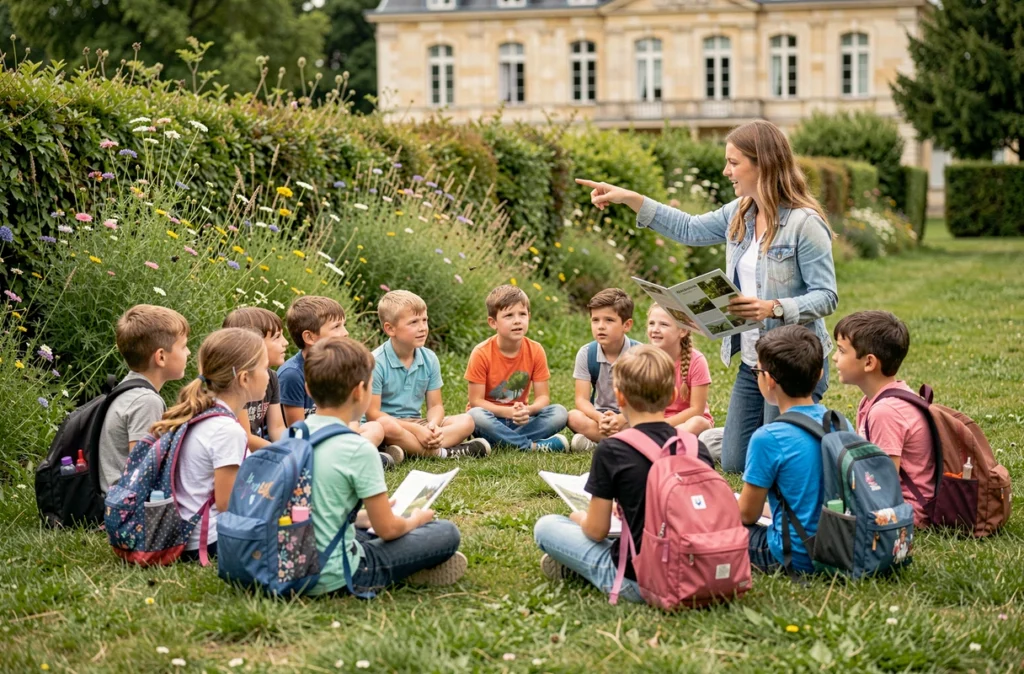 Enfants en séjour éducatif Aroeven écoutant une animatrice dans un parc naturel de Nouvelle-Aquitaine