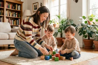 Une baby-sitter jeune et souriante joue avec deux enfants dans un salon chaleureux en Nouvelle-Aquitaine