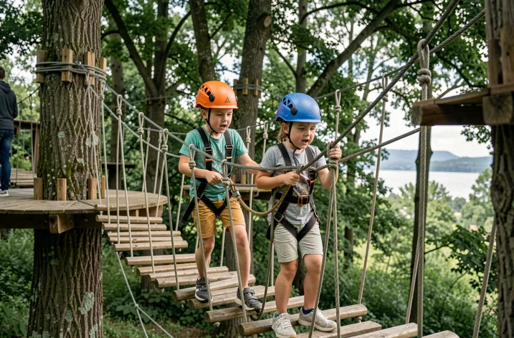 Deux enfants en casque et harnais traversant un pont de corde en bois dans le parc d'aventures Celt'Aventures sur la presqu'île de Rhuys