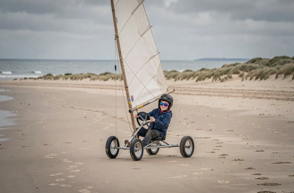 Un garçon en casque pilotant un char à voile sur la grande plage de sable près du Cap Fréhel lors d'une session au centre nautique