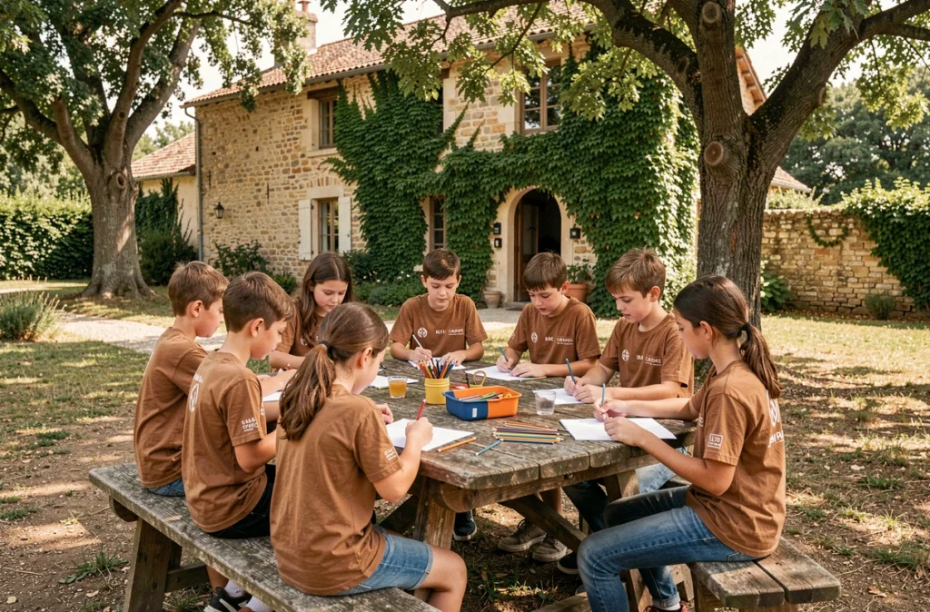 Petits groupes d'enfants réalisant une activité manuelle dans une ferme du Sud-Ouest pour ChicPlanet'Colos