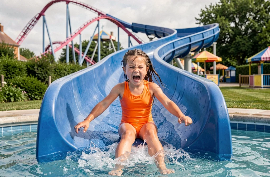 Une fillette en maillot orange dévalant un toboggan aquatique coloré au Cobac Parc à Lanhélin, entourée de manèges et de végétation