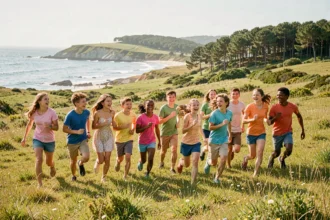 Groupe de jeunes en colonie de vacances courant dans une prairie en Nouvelle-Aquitaine