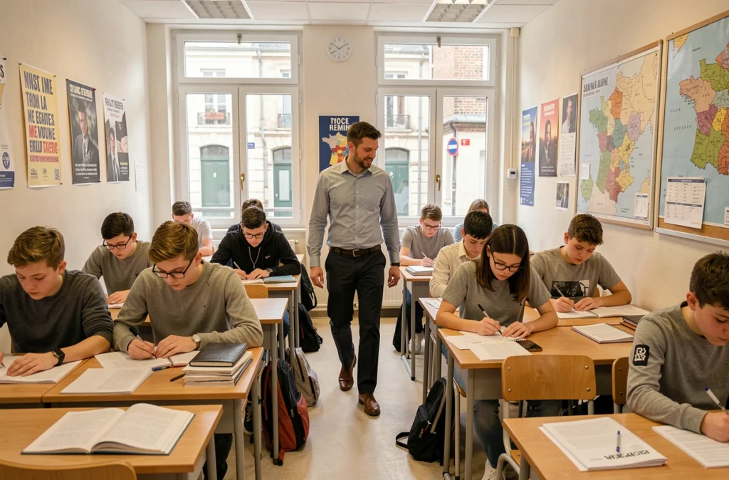 Salle d'étude du cours privé Galilée à Amiens avec des lycéens concentrés sur leurs travaux scolaires