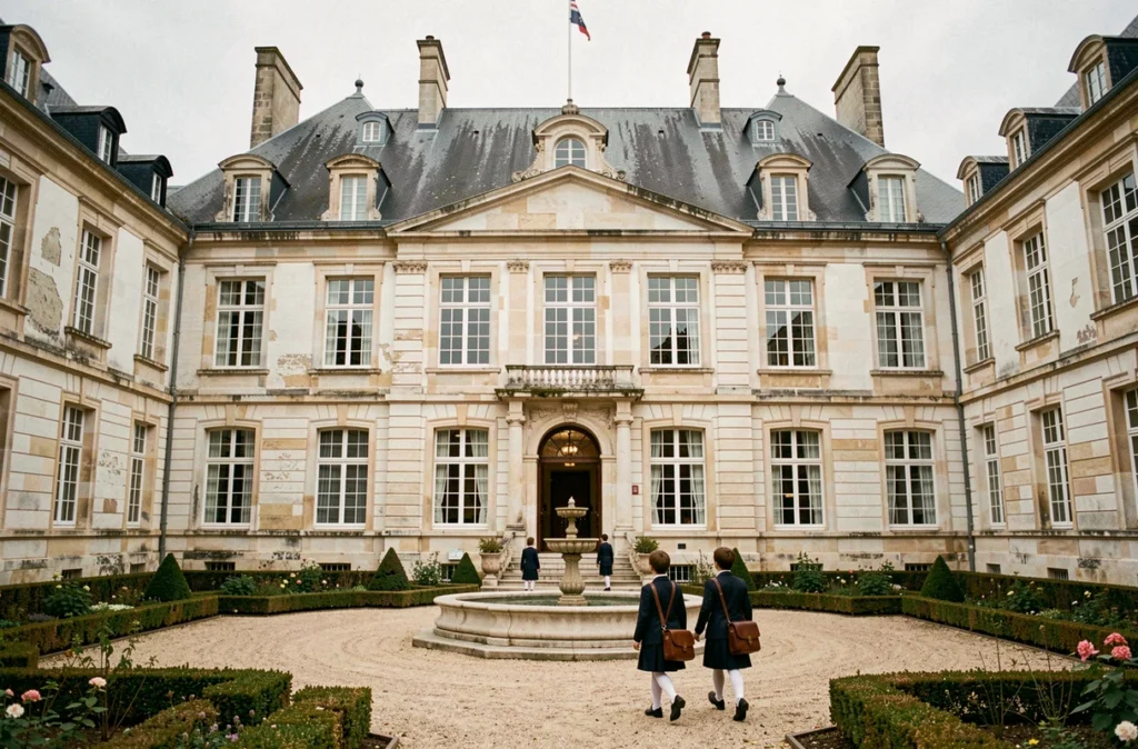 Façade élégante de l'École du Petit Versailles avec son architecture classique française et son jardin intérieur
