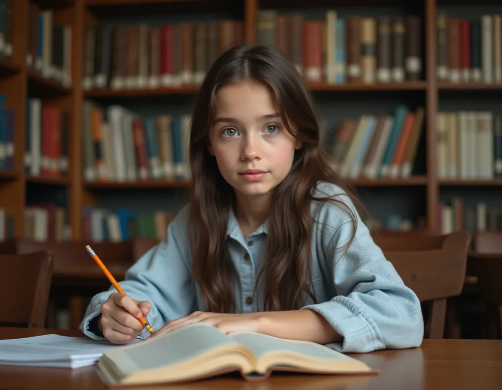 Élève studieuse dans la bibliothèque de l'école polyvalente privée Sainte-Marguerite entourée de livres