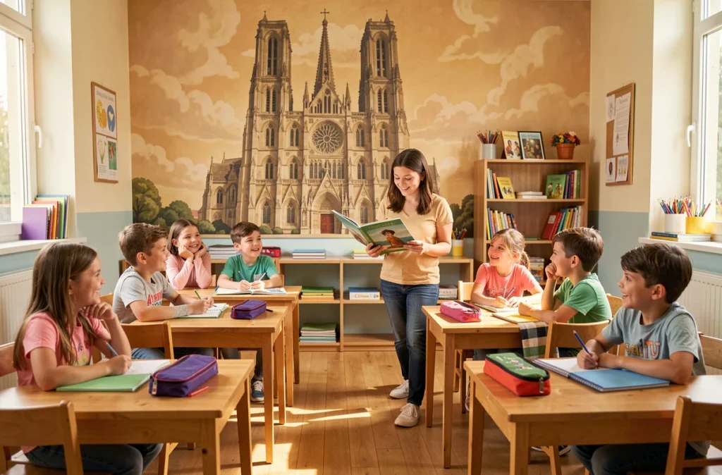 Jeunes élèves de l'école primaire privée Notre-Dame à Lille dans une salle de classe chaleureuse et colorée