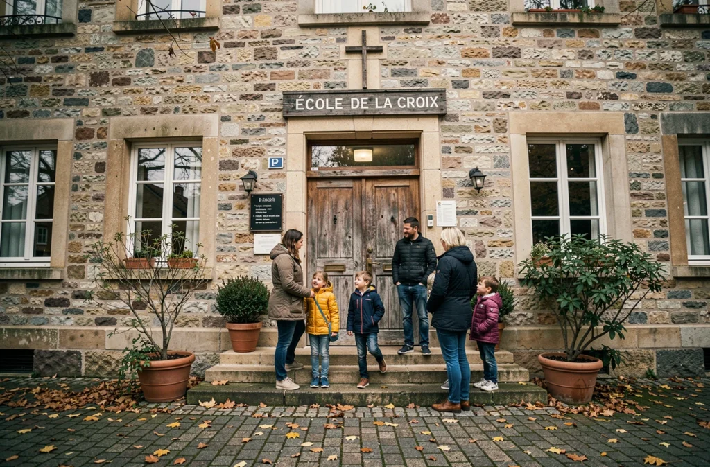 Entrée de l'école privée de la Croix avec des familles rassemblées devant le bâtiment en pierre en automne