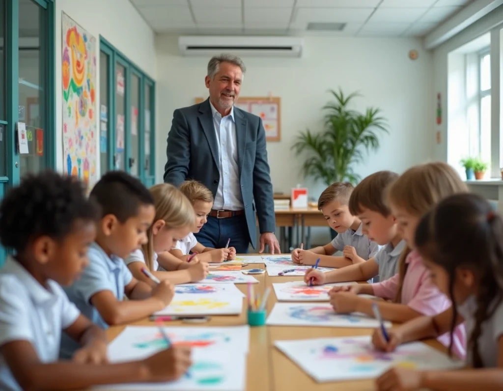 Élèves mixtes de l'école privée Saint-Christophe travaillant ensemble sur un projet artistique coloré