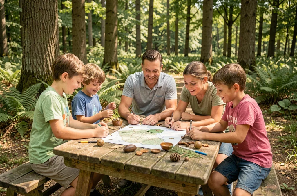 Une famille avec trois enfants participant à une chasse au trésor en forêt lors des aventures estivales de La Famille Kreizy en Centre Bretagne