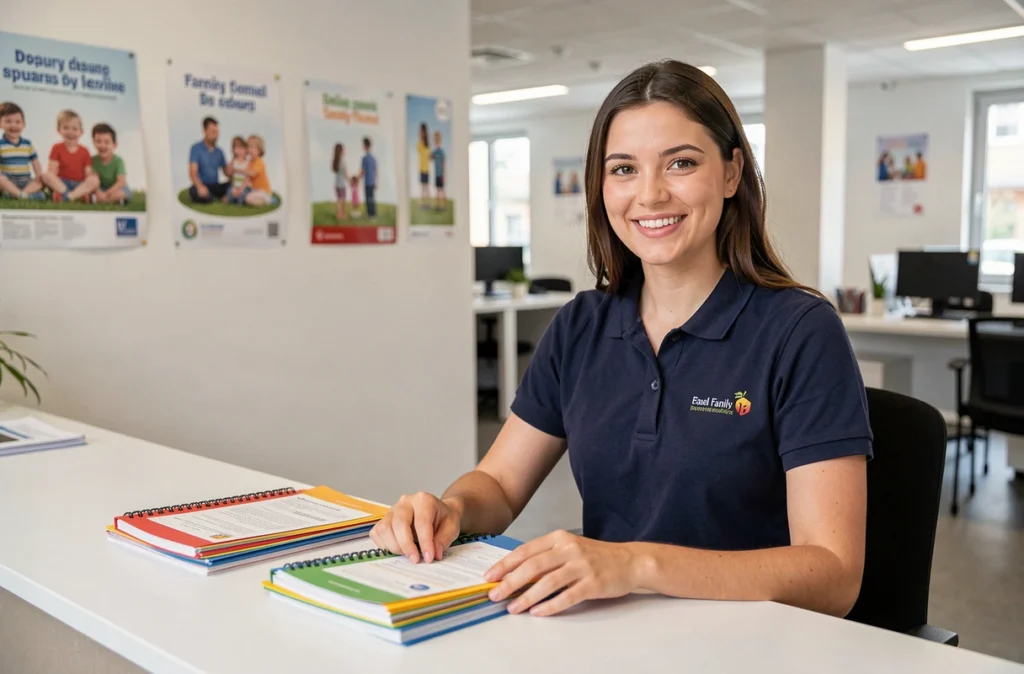Une conseillère de Family Sphere Bordeaux à son bureau, souriante, dans un espace professionnel dédié à la garde d'enfants