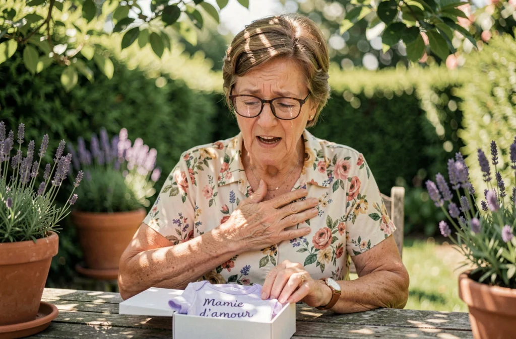 Grand-mère émue découvrant un body de bébé dans un cadeau d'annonce de grossesse dans un jardin fleuri