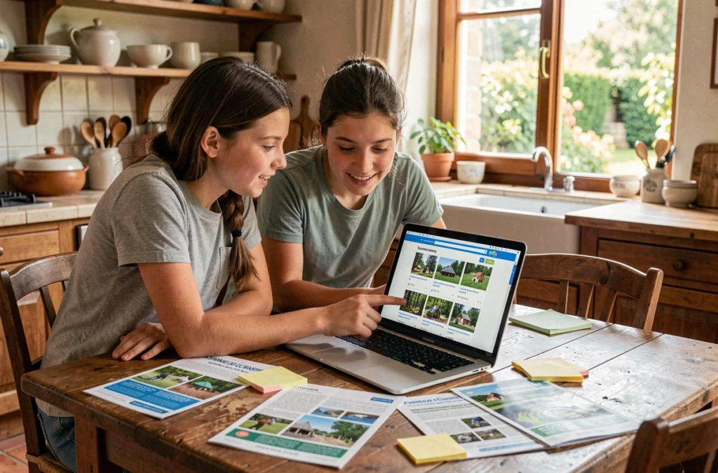 Parent et adolescente comparant des colonies de vacances en Aquitaine sur le comparateur Juvigo