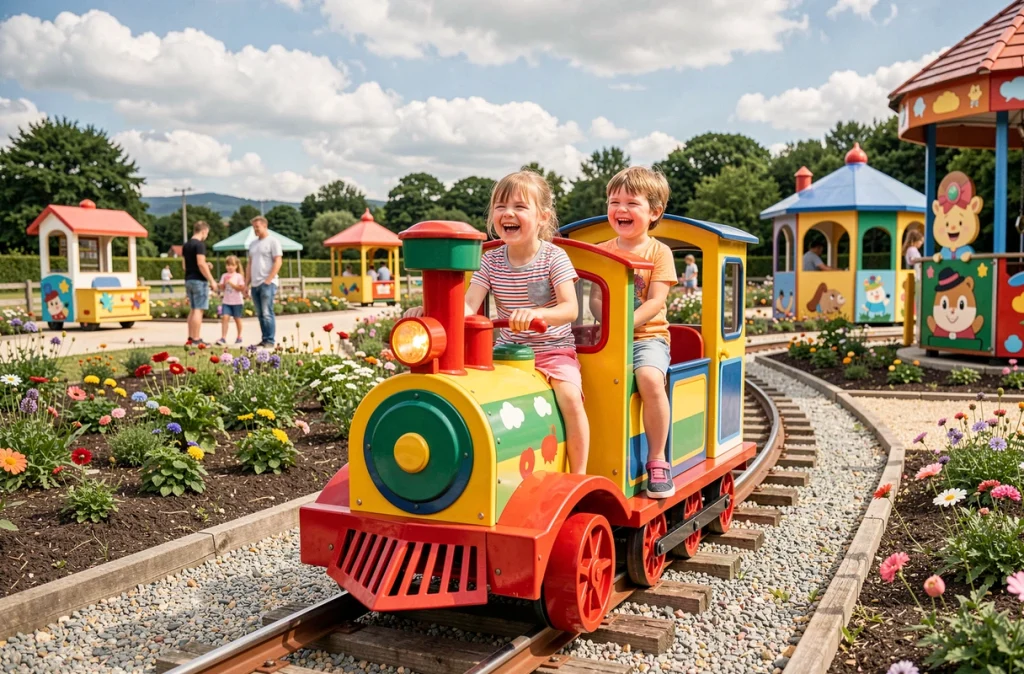 Deux enfants riant sur un petit train coloré dans le parc Kingoland à Plumelin, entouré de décors thématiques et de jardins fleuris