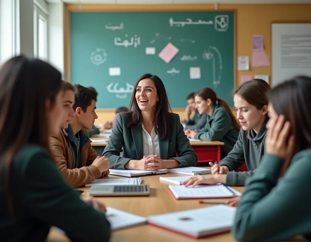 Élèves du lycée privé Averroès à Lille en discussion dans une salle de classe moderne et diversifiée
