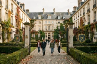 Vue d'ensemble d'un campus scolaire privé dans les Hauts-de-France avec des élèves et une architecture française classique