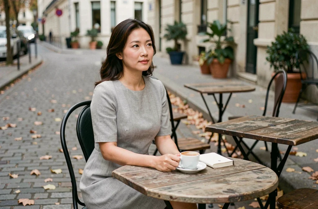 Femme franco-vietnamienne assise en terrasse de café parisien dans une atmosphère documentaire authentique