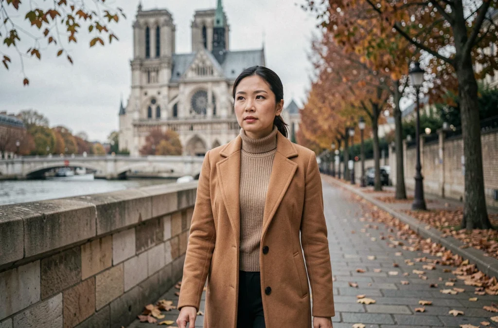Portrait éditorial d'une femme franco-vietnamienne se promenant sur les quais de Seine à Paris en automne