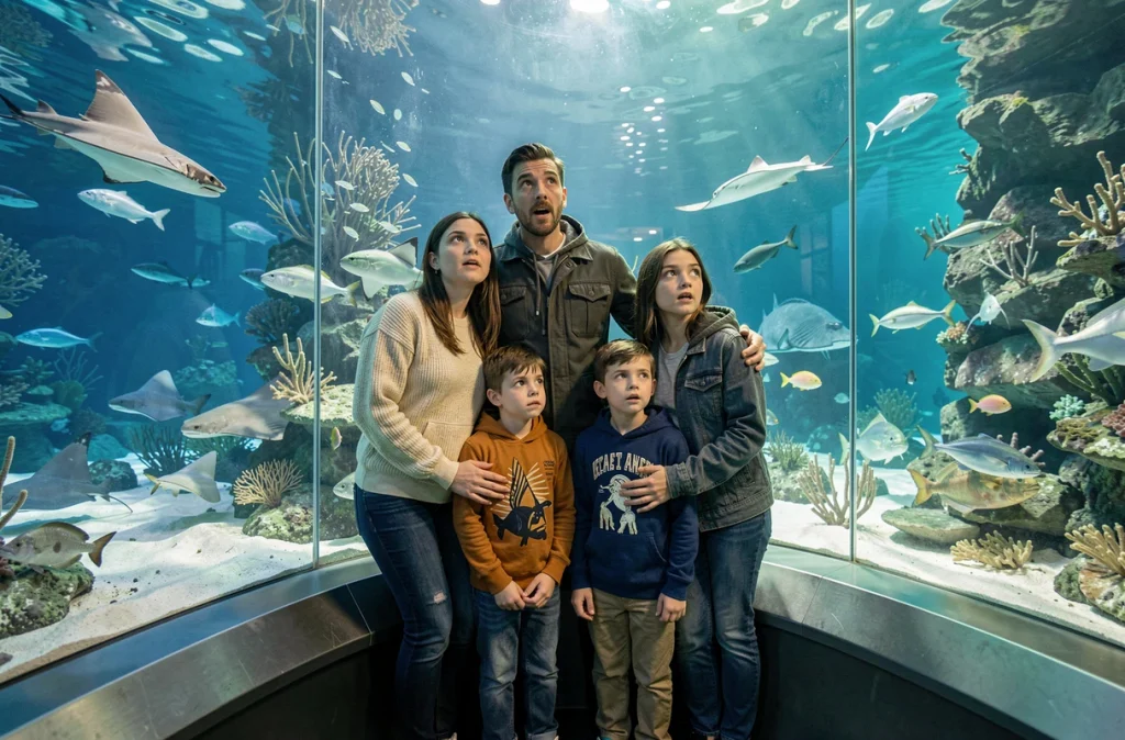 Une famille émerveillée devant un grand aquarium rempli de poissons et de raies à Océanopolis à Brest