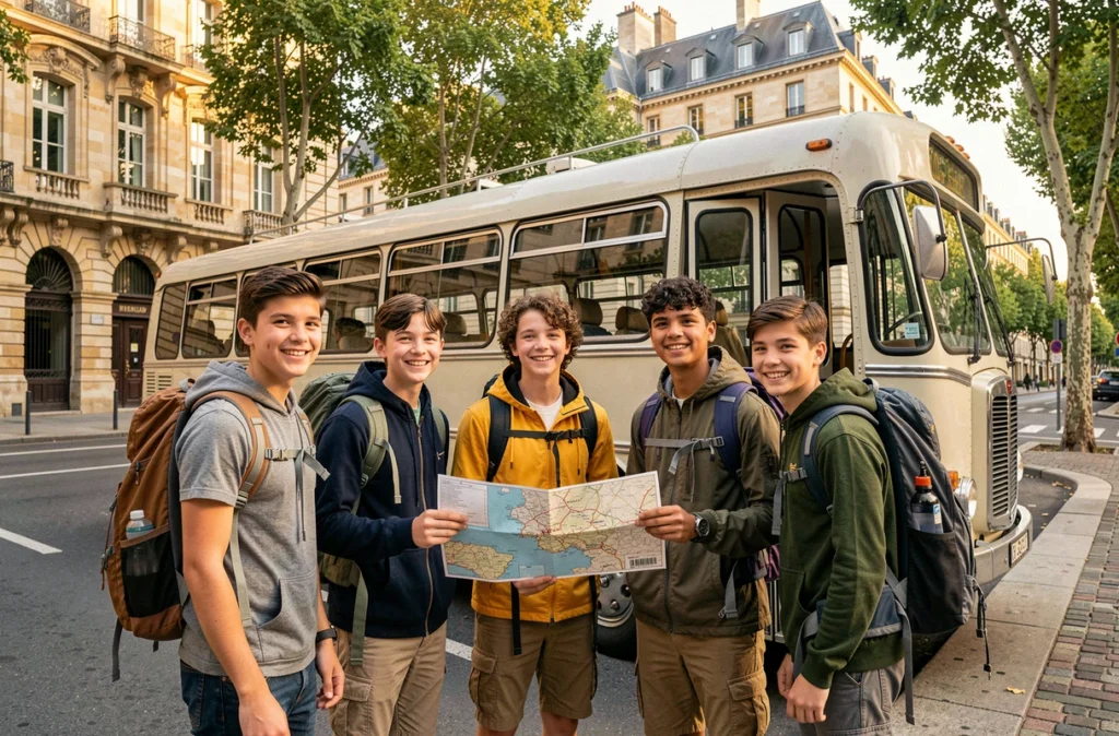 Adolescents partant en colonie depuis Bordeaux avec Planète Aventures, carte en main devant un bus