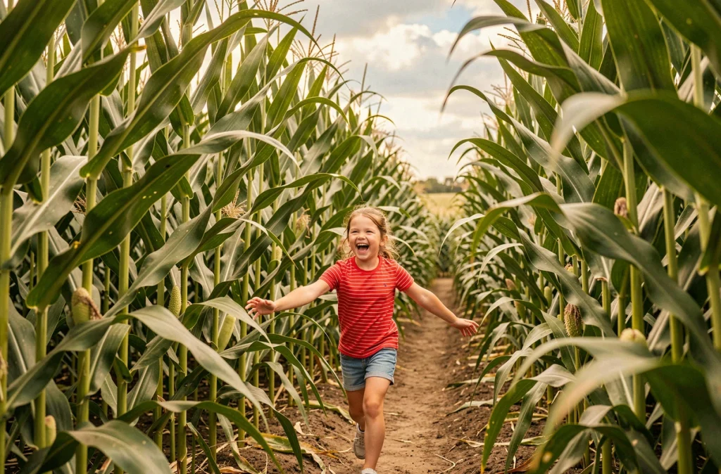 Une fillette en t-shirt rayé rouge courant dans les allées d'un grand labyrinthe de maïs au PopCorn Labyrinthe
