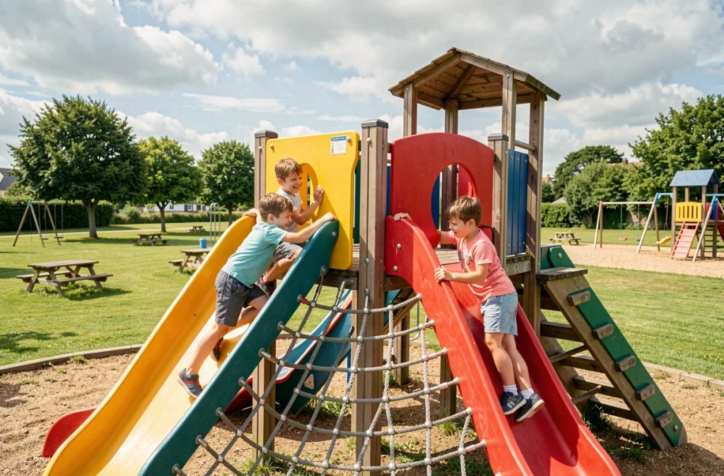 Trois enfants grimpant sur une grande structure de jeux colorée en plein air à La Récré des Trois Curés à Milizac en Finistère