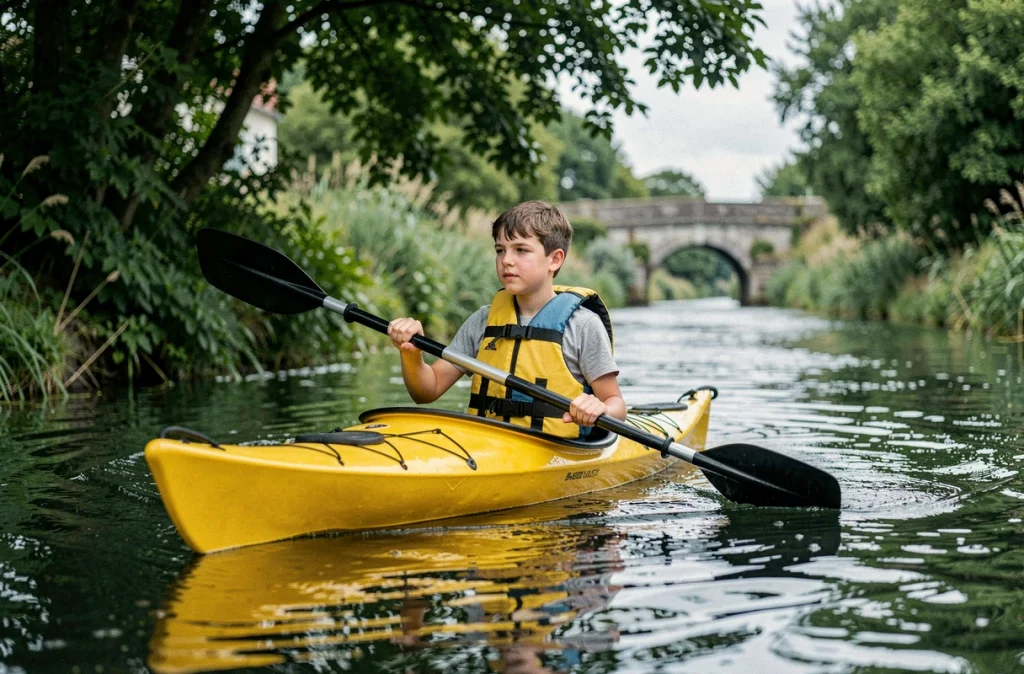 Un adolescent pagayant en kayak jaune sur une rivière calme entourée du bocage breton lors d'une activité au Sac'h Néo en Centre Bretagne