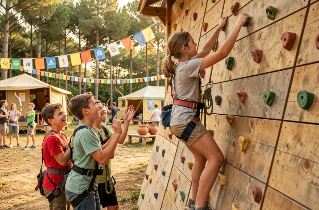 Adolescents pratiquant des activités variées dont l'escalade lors d'une colonie Telligo multi-activités