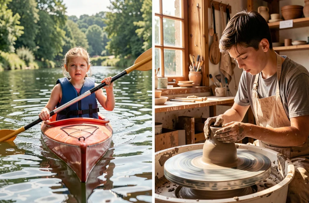 Collage photo montrant des enfants en activité kayak et poterie lors d'un séjour via la plateforme Totemia en Nouvelle-Aquitaine