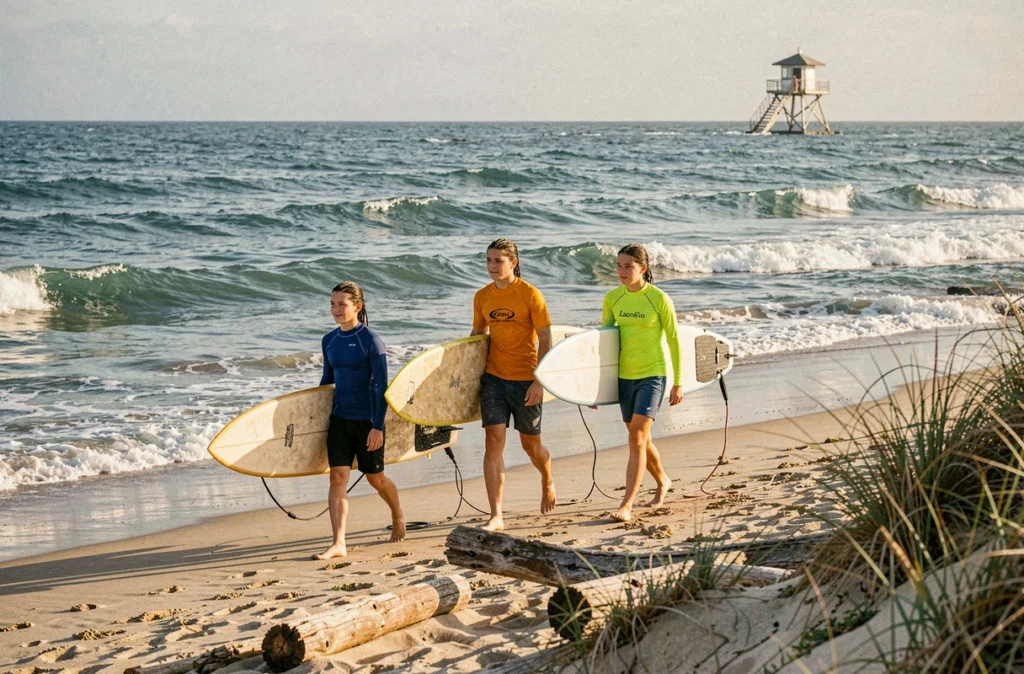 Adolescents portant des planches de surf sur la plage atlantique lors d'une colonie UCPA