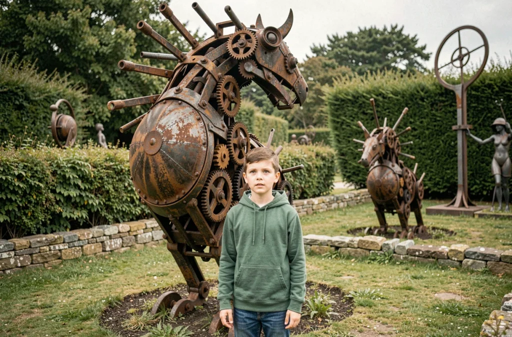 Un garçon admirant une grande sculpture fantastique en métal récupéré dans le parc de l'Univers du Poète Ferrailleur à Lizio