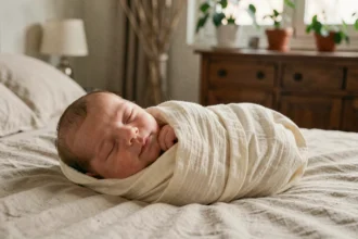 Photographe de naissance en Auvergne-Rhône-Alpes capturant un nouveau-né emmailloté dans un coton ivoire sur un lit en lin