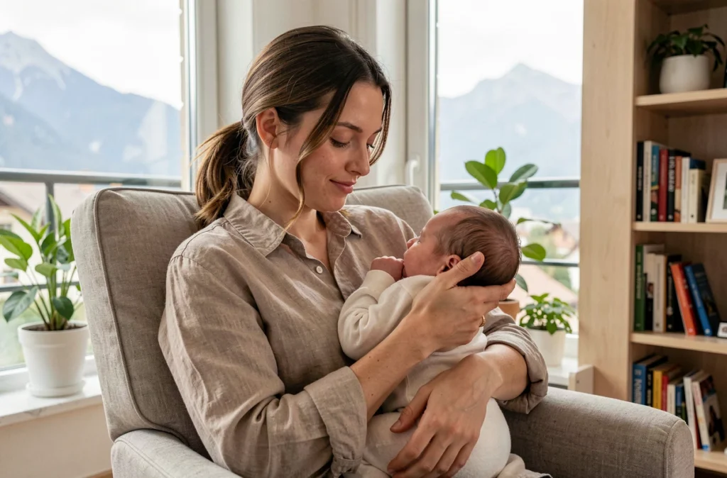 Séance photo de naissance à Grenoble avec une mère tenant son nouveau-né dans un appartement moderne face aux montagnes